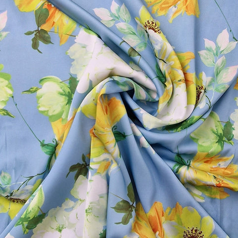 Cottage Flower stretch Satin blue
