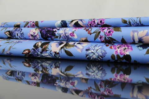 Baumwolle Stretch Satin Blau mit Blumenmuster
